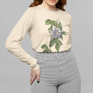 Purple Passion Flower VTG Floral Print Long Sleeve Graphic Tee T-shirt S M L XL